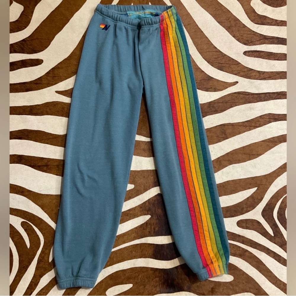 Aviator Nation Women’s Blue Joggers with Rainbow Stripes